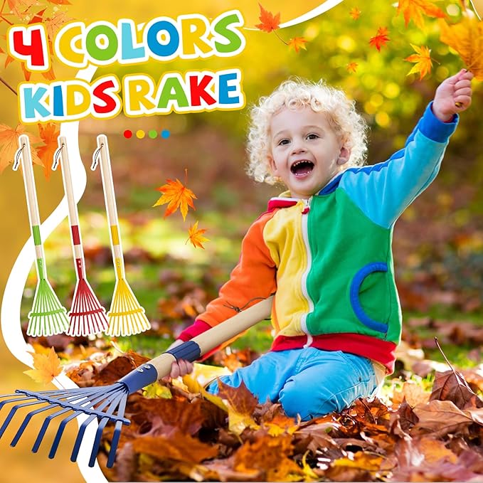 Suclain 4 Pcs Kids Rake with Hardwood Handle Small Child Size Multicolor 28'' Mini Rake for Leaves Lightweight for Children Garden Leaf Yard Tools Gifts