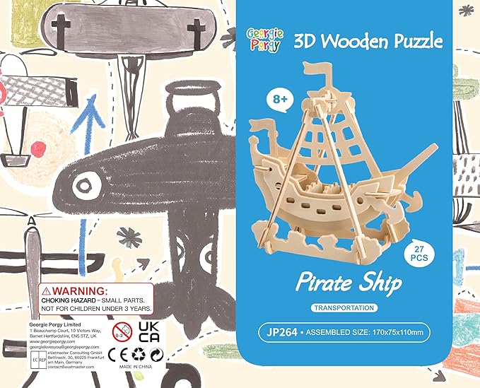 Georgie Porgy 3D Wooden Puzzles for Kids Toys Construction Woodcraft Kits DIY Model Puzzle Kits Birthday Gifts Pack of 3 (Pirate Ship Truck Motorcycle)