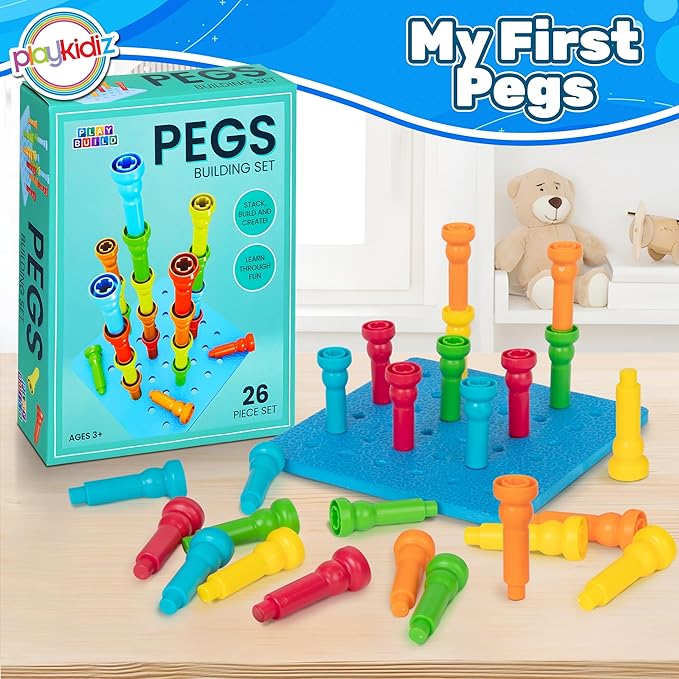 Play Build Peg Board Toy for Kids, 25 Colorful Pegs with Foam Board, Stacking Pegboard Set, Toddler Learning Toys for Ages 3+, Montessori, Educational, Therapy Toy for Boys & Girls