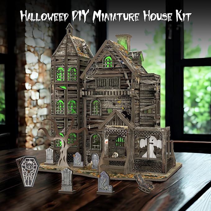 3D Wooden Puzzle Haunted House Model Set - Miniature Haunted House Kits with Led Accessories Furniture, Suitable for Adults and Teenagers to DIY Halloween Horror Doll House Craft Gifts.