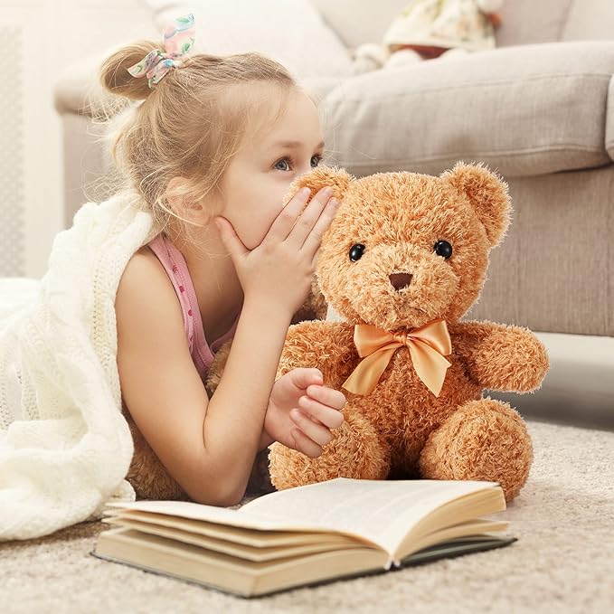 HyDren 18 Pcs Bear Stuffed Animals Bulk 12 Inch Soft Plush Bears Doll with Bows Small Stuffed Toy for Girl Boy Baby Shower Christmas Valentine Birthday Decor Gift Party Favors (Light Brown)