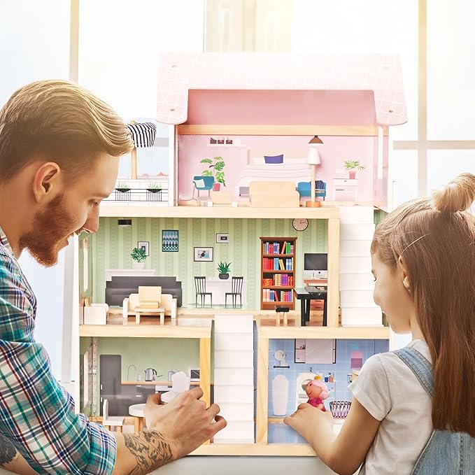 Lil' Jumbl Kids Wooden Dollhouse, 17-Piece Accessories & Furniture are Included, with Balcony & Stairs, 3 Story Easy to Assemble Doll House Toy - Pink