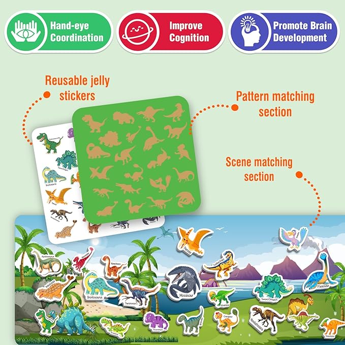 2 Sets Reusable Sticker Books for Toddlers 1-3, Animal Jelly Sticker Books for Kids 2-4 Years, Toddler Travel Toys Activity Road Trip Essentials for Kids- Animal + Dinosaurs