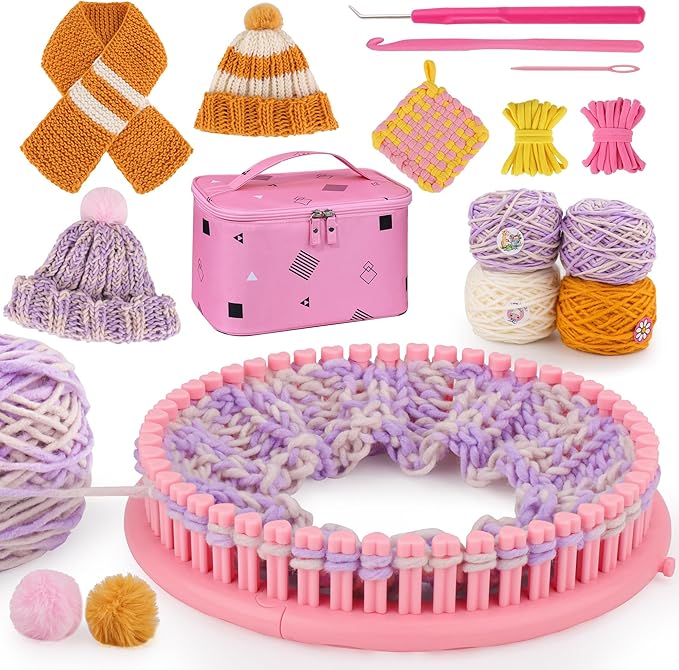 AHCo. Knitting Loom Kit for Beginners, Creative Craft Toy for Girls Ages 7 8 9 10 11 12 with Storage Bags Yarns Knitting Tools, Fantastic DIY Gifts Knit Hat Scarf Coaster (Pink)