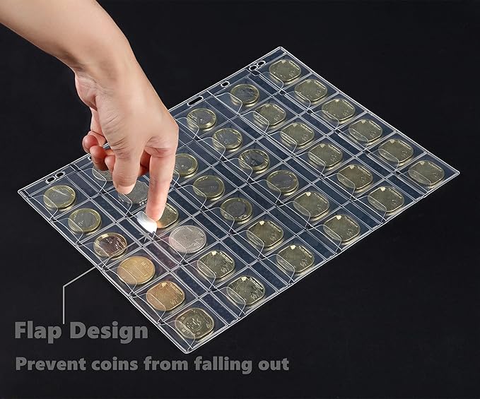 MUDOR Coin Pocket Pages, PVC-Free Coin Sleeves - 30-Pocket Sheets for Binders