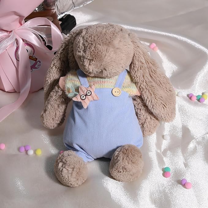31cm(12") Bashful Bunny Clothes, Cute Plush Animal Clothes for Meddium Teddy Bear - Colorful Knit T-Shirt & Star Light Blue Corduroy Romper (Clothes Only)