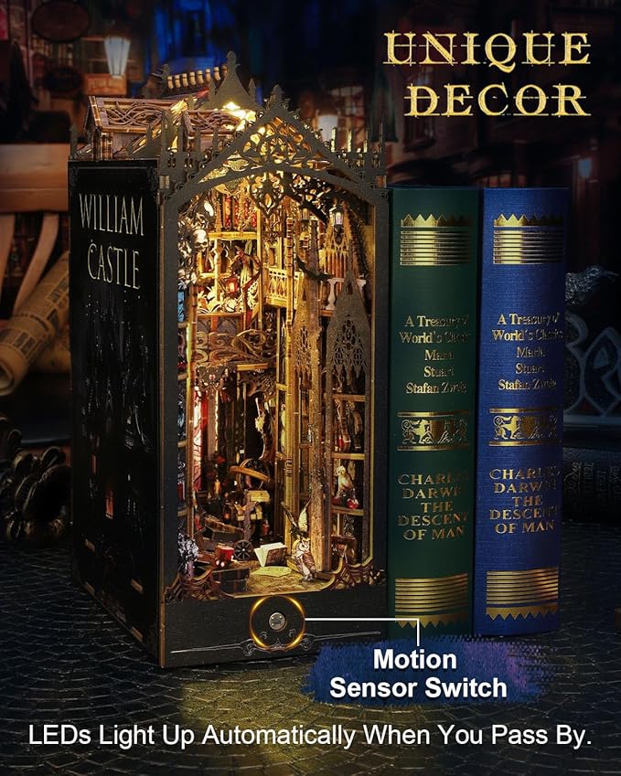 Book Nook Kit William Castle, DIY Booknooks Kit for Adults Teens with Sensor Lights, Bookshelf Diorama Miniature Scenes Insert Decor, 3D Wooden Puzzle Miniature House Kit Gifts for Women
