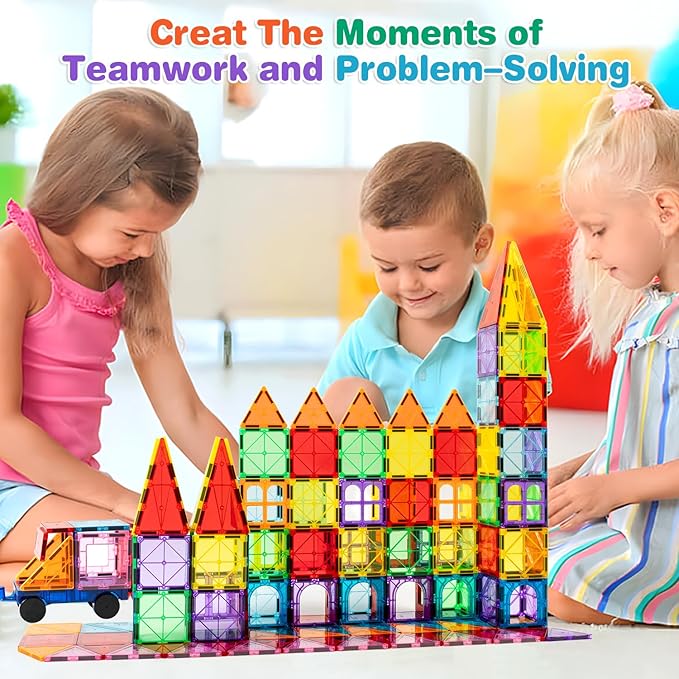 Magnetic Tiles, 135PCS Magnetic Building Blocks with 2 Cars, Large Magnet Building Set,STEM Sensory Educational Toys Gift for Toddlers Kids Boys Girls.