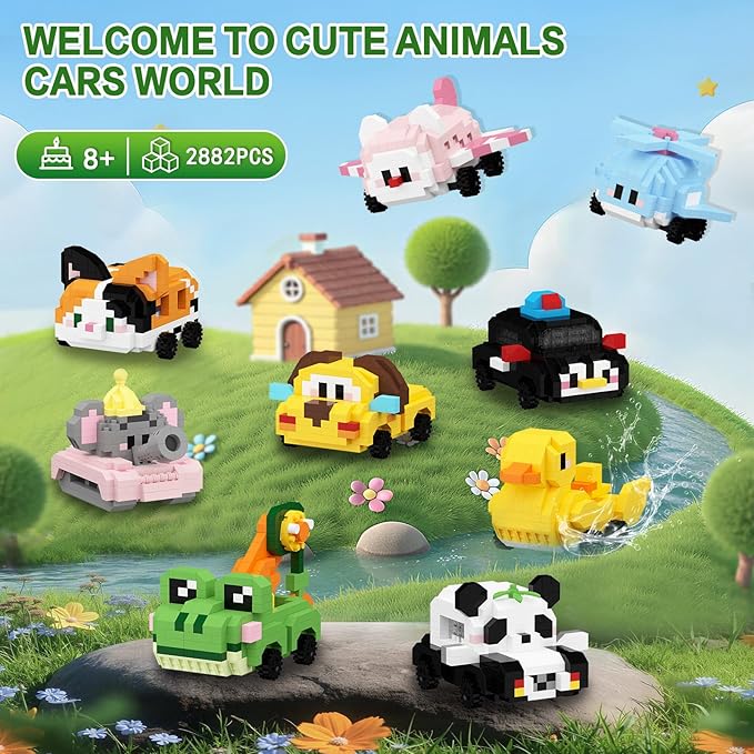 HIGH GODO 9Pack Party Favors Animals Building Set, 2882PCS Cute Animals Cars Building Blocks for Goodie Bag Stuffers Classroom Prizes, Party Favors Birthday Gift for Kids Boys Girls Student 8+