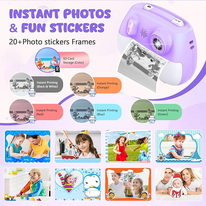 Instant Print Camera for Kids Christmas Birthday Gifts for Girls Boys HD Kids Digital Video Cameras for Toddler, Portable Toy for 3 4 5 6 7 8 9 10 11 12 Year Old with 32GB & 250 Print Paper, Purple