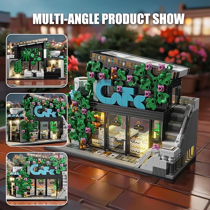 Flower Coffee Shop Building Block Set with LED Lights,STEM Cafe House Building Toys,Coffee Garden House Architecture Model,Birthday Gift for Adults Boys Age 8-12(564Pcs)