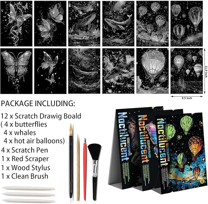 Glow in The Dark Scratch Art Paper，Engraved Landscape Scratch Painting Rainbow Board (12 Sheets A4) Adults, Fun Sketch Card Creative Craft Toy (Animals/Landscapes) by Iskueal.