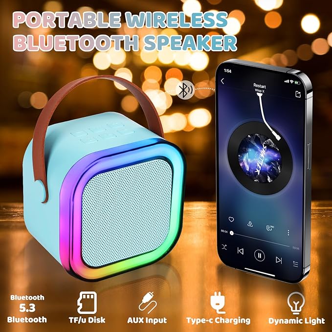 Mini Karaoke Machine for Kids Adults, Portable Bluetooth Karaoke Speaker with 2 Wireless Microphone and Lights Toys for 4, 5, 6, 7, 8, 9,10 Year Old Boys and Girls for Birthday (Blue)