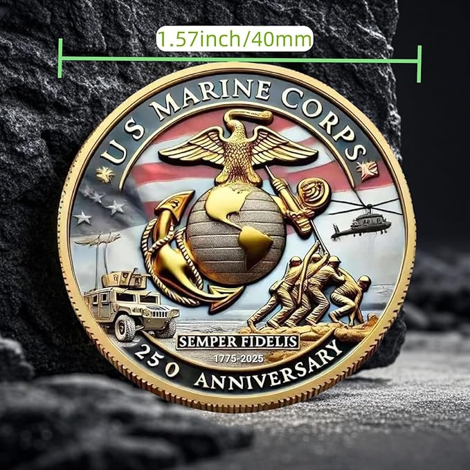 Marine Corps 250th Anniversary Challenge Coin – USMC Military Collectible with Gold Edge, Double-Sided Relief, Enamel Finish – Veteran Gift, Patriotic Souvenir (1775–2025)