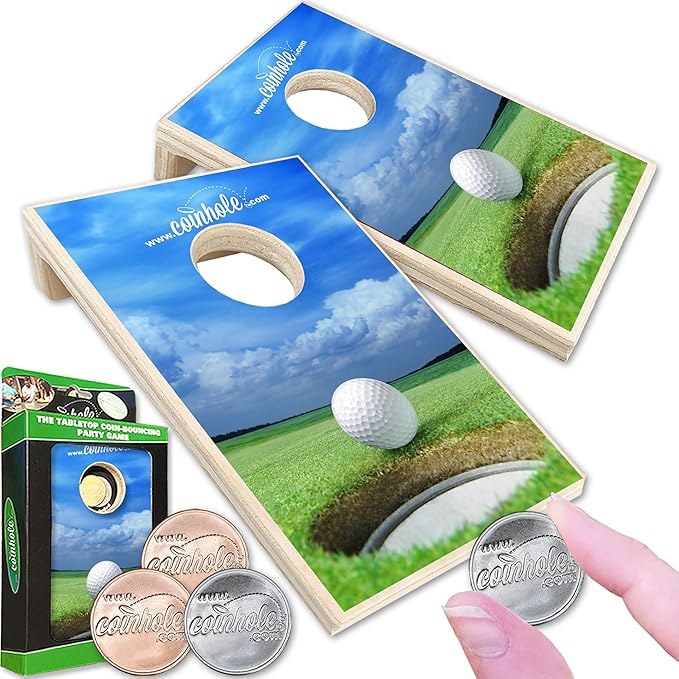 Coinhole Desktop Coin Bouncing Party Game Set | Tabletop Cornhole Board Game | Small Cornhole Travel Game Includes Coins