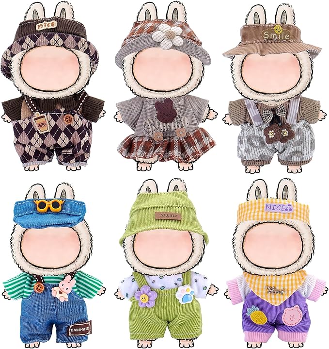 6 Sets Doll Clothes and Accessories for 17cm Plush Dolls - Dress Up Doll Clothing Set Replacement Outfit Collection Gifts for Children Over 3 Years Old（No Doll
