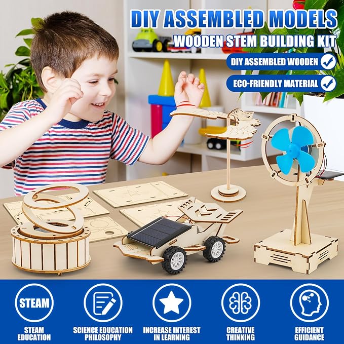 8 in1 STEM Science Kit for Kids Age 8-14, Wooden Physics Experiments & Solar Engineering Kits, Build Solar Car, Anti-Gravity Device, Telescope, Periscope & Dinosaur Claw, Gifts for Boys Girls
