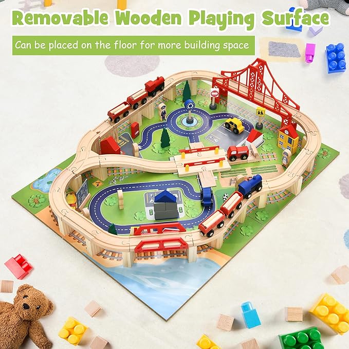 GLACER 100 Pieces Train Table, Wooden Activity Table with Storage Drawer, Tracks, Vehicles, Buildings, Wheels, Multipurpose Painted Train Table Set for Toddlers 3-5+, Gift for Boys Girls