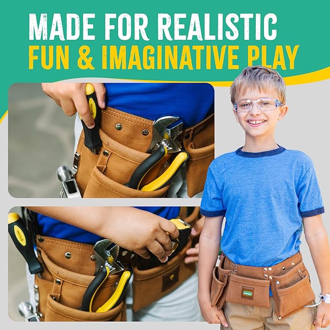SparkJump Kids Brown Tool Belt, Adjustable Leather Tool Belt for Toddlers and Kids, Dress-Up Construction Costume for DIY Woodworking and STEM Learning