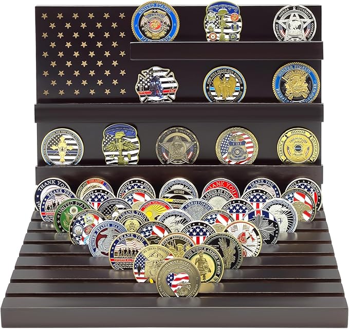 PiaoHao Challenge Coin Display Stand Military Coin Holder Wooden Rack Holds 80 Coins (Black)