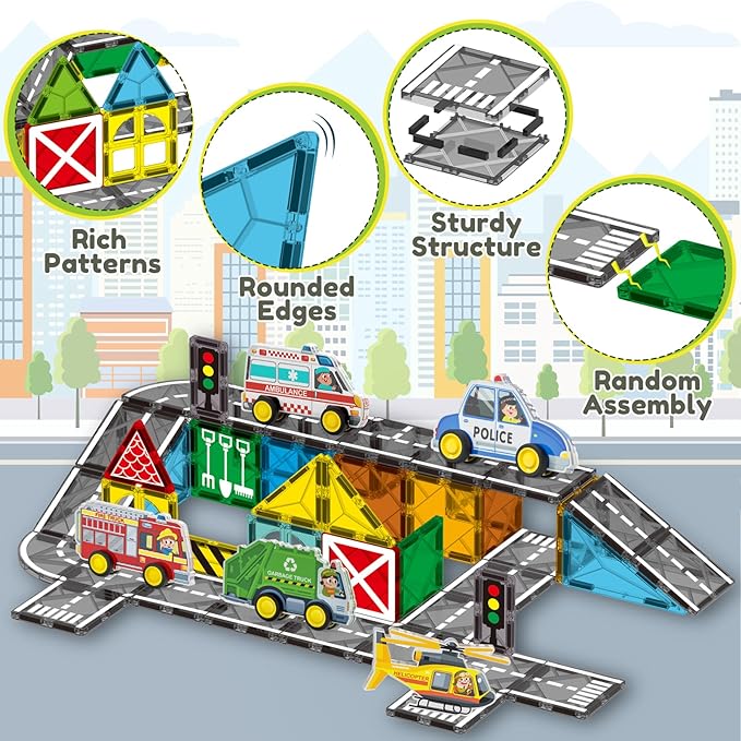 Oriate City Road Set Magnetic Tiles, Rolling Rescue Toy Cars with Construction Building Magnetic Blocks, Educational Road Traffic City Life Magnet Tiles, STEM Toys Gifts for Preschool Kids