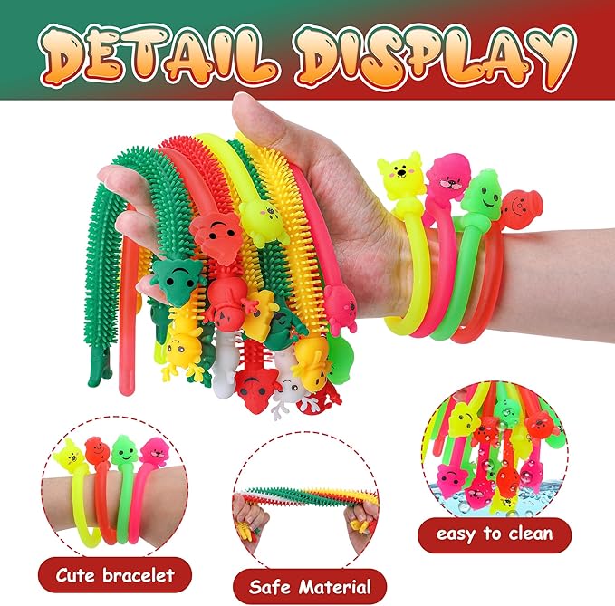 48 Pcs Christmas Stretchy Strings Fidget Toys, Colorful Stretchy Fidgets Sensory Toys, Stress Relief Stretch Sensory Bracelet String with Xmas Tree Santa Claus Snowman Elk for Party Favors (Mixed)