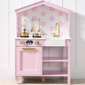 Best Choice Products Pretend Play Wooden Farmhouse Kitchen Set for Kids w/Toy Storage, Clicking Knobs, Windows, 5 Accessories Included - Rose