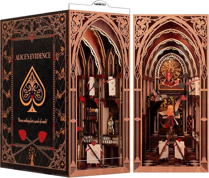 DIY Book Nook Kit, 3D Wooden Puzzle for Teens and Adults, Miniature Dollhouse Booknook Bookend Bookshelf Insert Decor with LED Light (Alice's Evidence)