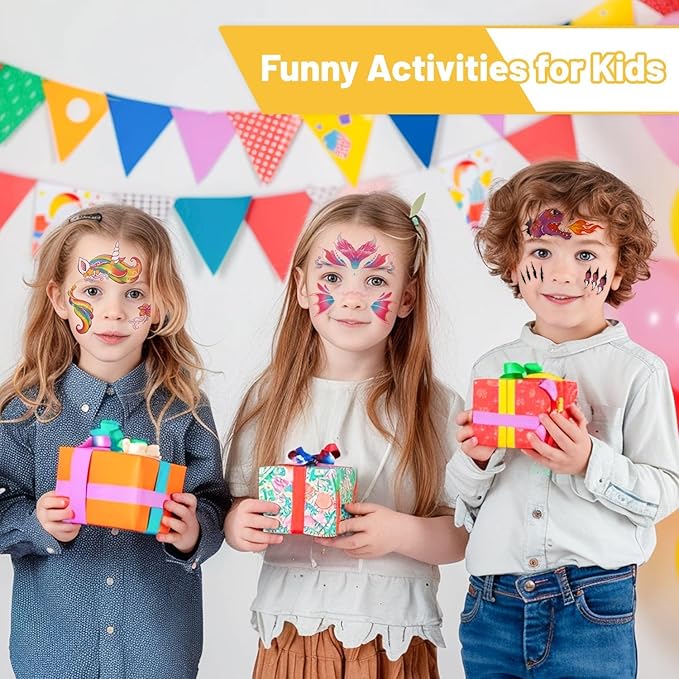 Partywind Temporary Face Tattoos for Kids, 24 Styles Creative Face Stickers for Face Painting, Waterproof Fake Tattoo Stickers for Kids Makeup, Birthday Party Favors Supplies Goodie Bag Stuffers