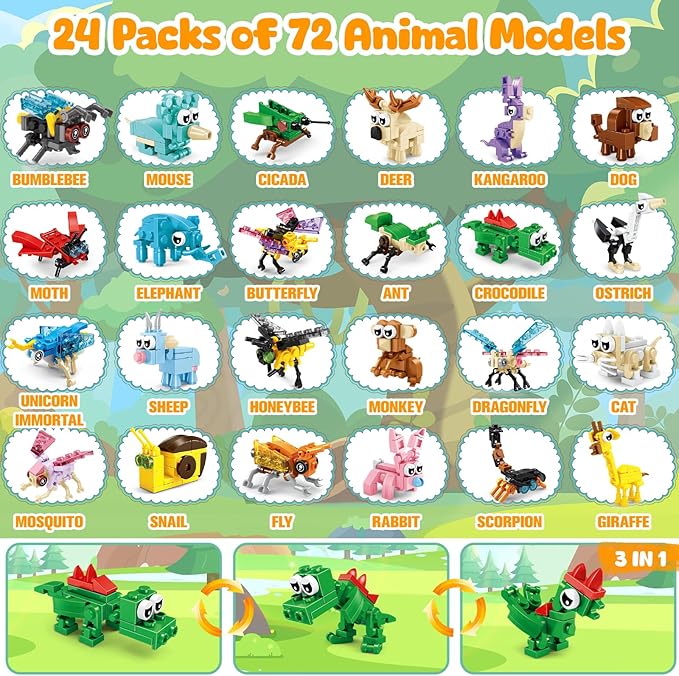 MOONTOY 48 Packs Party Favors for Kids, 3-in-1 Mini Animals Building Blocks Sets for Easter, Birthday, Goodie Bag Stuffers, Classroom Prizes for Boys Girls Ages 3-12