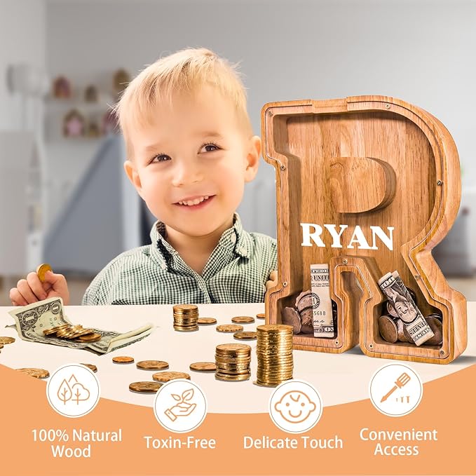 Wooden Letter Piggy Bank for Kids Larger Letter Piggy Bank for Boys and Girls Personalized Piggy Bank Initial Coin Bank Wood Kids Money Bank for Birthday and Festival