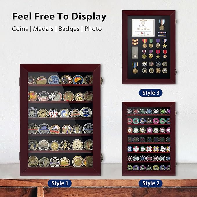 Military Challenge Coin Display Case 6 Rows Wooden Army Coin Holder with HD Tempered Glass Lockable Coin Wall Dsplay Box with Removable Shelves, Red