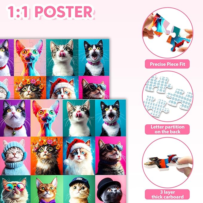 100 Piece Puzzles Multicolor Fun Cats, Large Piece Jigsaw Puzzle for Kids Ages 4-6 6-8 8-10, Pets Cat Theme Puzzles for Teens Seniors Adults, Collection Gift Home Art Decor Toys Gifts for Girls Boys