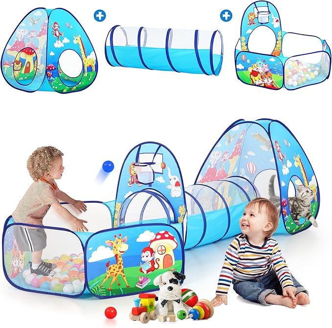 PigPigPen 3 in 1 Kids Play Tent with Tunnel and Ball Pit for Boys Girls, Toddler Pop Up Playhouse Toy for Indoor Outdoor (Jungle 3pc Play Tent)