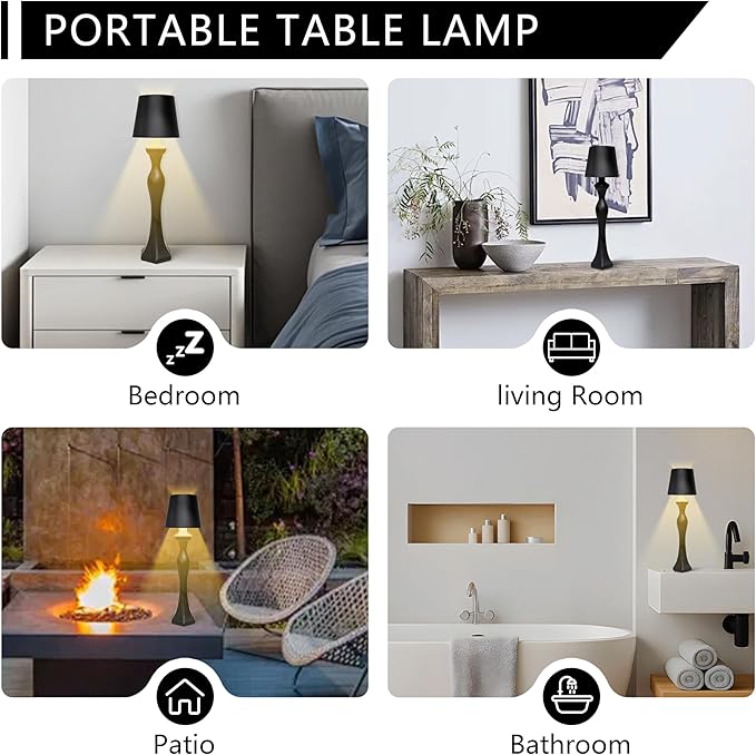 Cordless Table Lamp, 5200mAh Rechargeable Battery LED Touch wireless Lamp, 3 Color Changing & Stepless Dimmer, Decorative Portable Nightstand Lamp for Bedroom Living Room Outdoor kitchen（2 Pack Black）