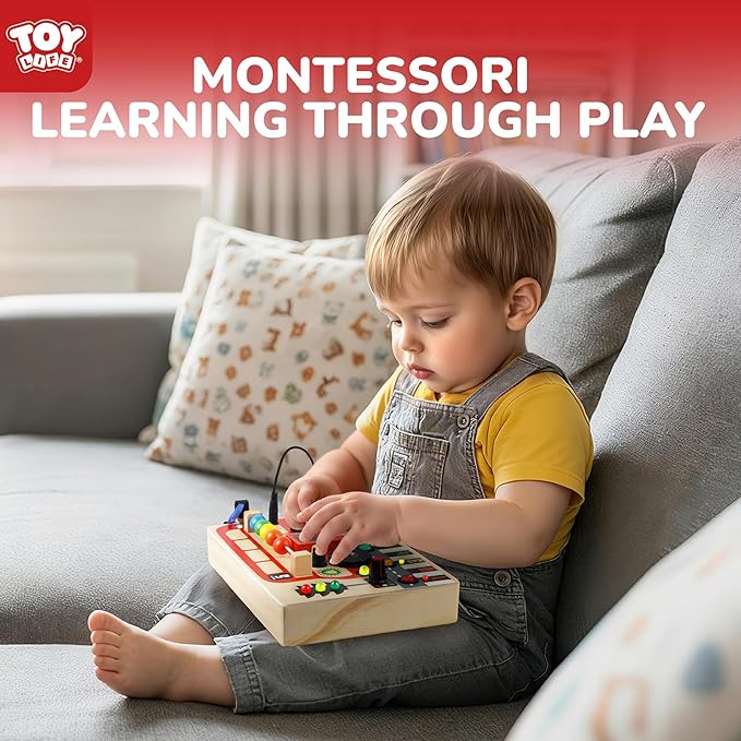 TOY Life Montessori Busy Board, Wooden Bus Sensory Board Toys for Toddlers with LED Light Up Switchs, Baby Fidget Boards Travel Toys, Christmas Birthday Gifts for 1+ Year Old Girls Boys