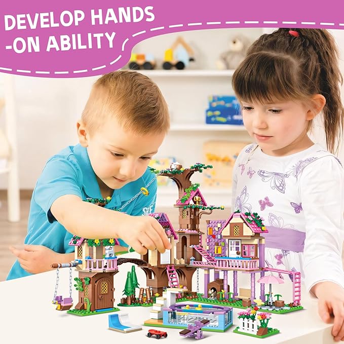 Fantasia Summer Tree House Building Blocks Multi Level Playset with Pool Rope Swing Bridge Creative Construction Toy for Kids Teens