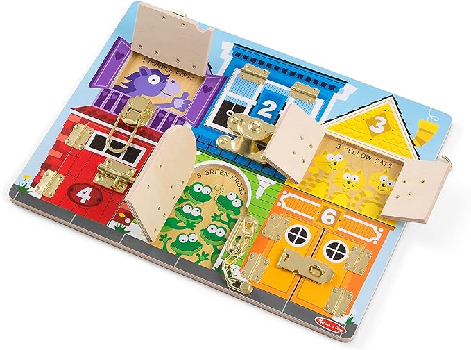 Melissa & Doug Wooden Latches Board Sensory Activity Toy for Kids, Doors and Locks Toy, Wooden Busy Board, Toddler Toys for Ages 3+