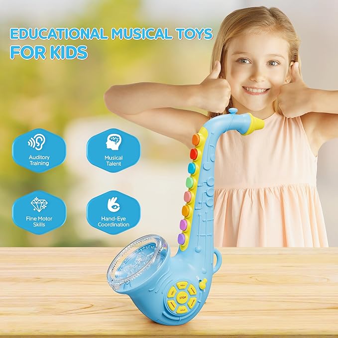 Contixo KT1 Toy Saxophone, Blue Digital Saxaboom, Trumpet, Clarinet with Light & Sound, Early Education Musical Instrument Gift for Toddlers Kids Girls Boys