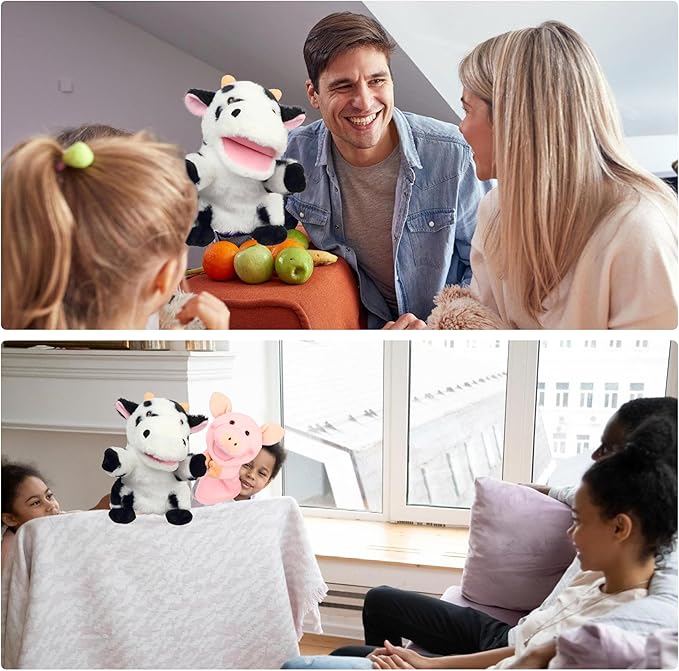Easfan Cow Hand Puppet with Movable Mouth Interactive Storytelling Cute Soft Cow Plush Toy Creativity and Imagination Christmas Birthday Gifts for Toddlers Kids,9’’