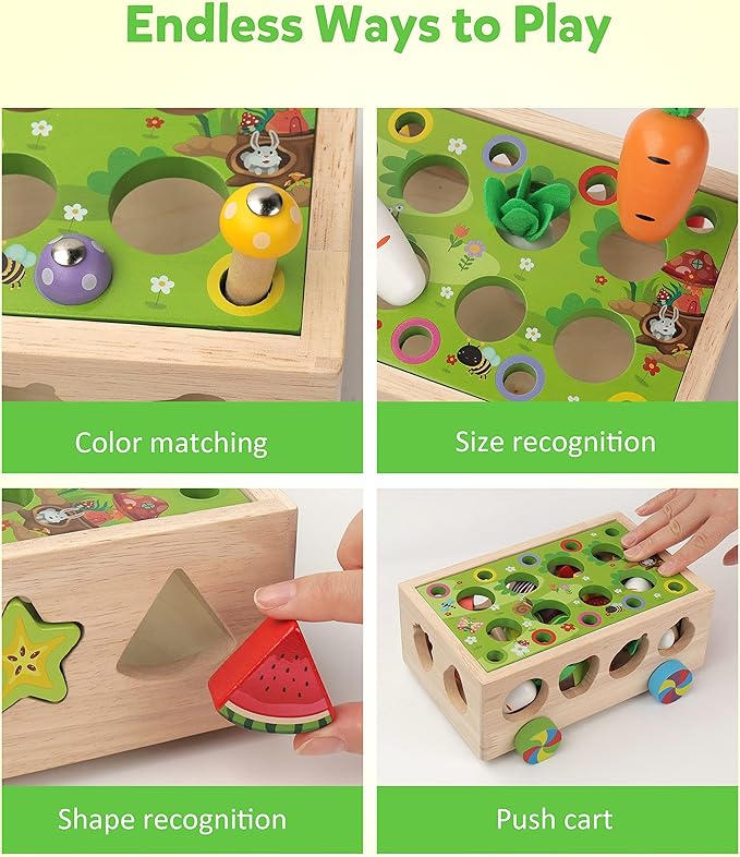Coogam Montessori Fine Motor Toys for Baby Toddler, Wooden Shape Sorter Carrot Harvest Game for Easter Basket Stuffer, Preschool Learning Educational Gift Toy for 3 4 5 Year Old
