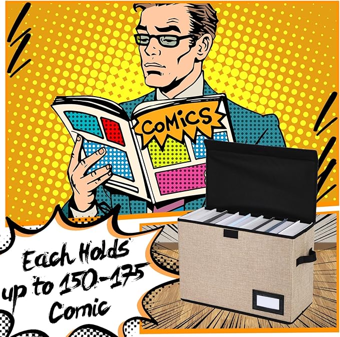 Chuangdi 6 Pcs Comic Book Storage Boxes, Back to School Collapsible Comic Short Box Case with Lid, 15.8 x 7.9 x 11.4 Inch Book Bin Container Holds 150 Comics(Beige)