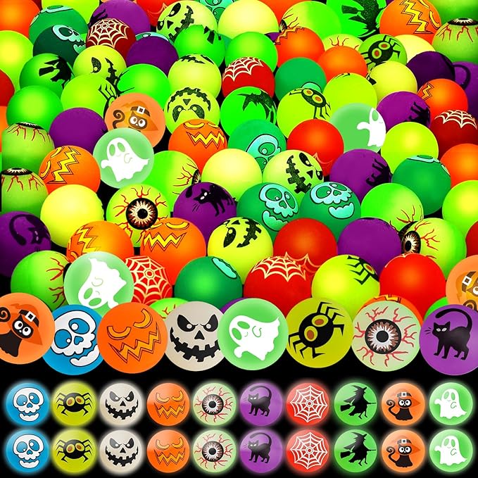 100pcs Glow in The Dark Bouncing Balls,8 Halloween Theme Designs Bouncy Toys Balls, Halloween Party Favors Supplies, Trick or Treating Goodie, Halloween Miniatures,School Classroom Game Rewards