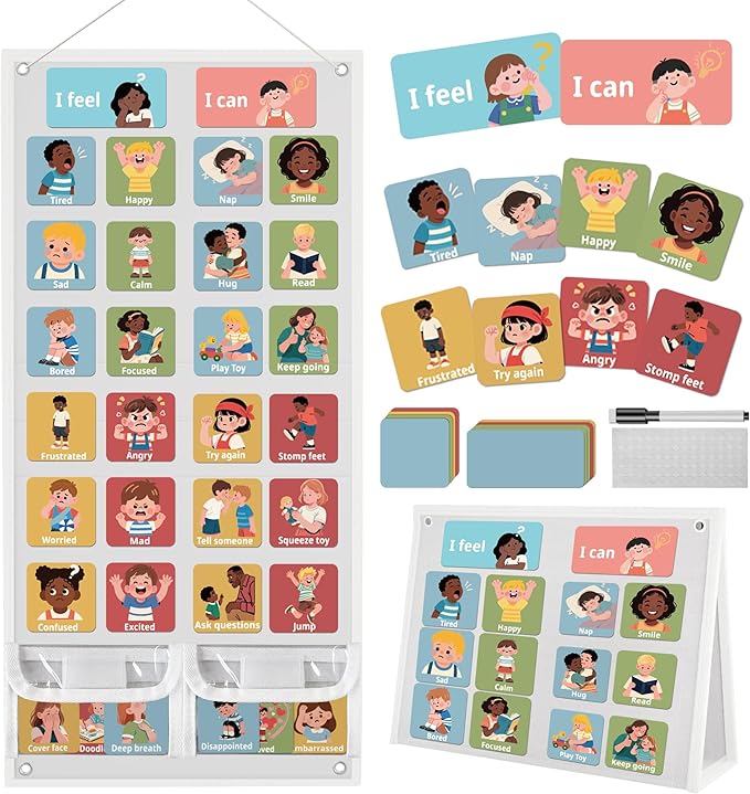 Yoink 81 Cards Feelings Chart for Kids, Emotions Chart Poster for Coping Skills, Mental Health Chart for Toddlers Emotional Learning, Calm Down Corner Supplies Preschool Homeschool Must Haves, White