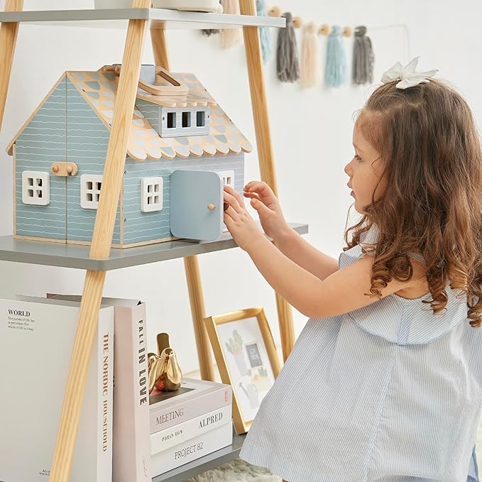 Olivia's Little World Wooden Cottage Dollhouse with 12 Accessories & 4 Figurines – Portable 2-Story Playhouse for 3.5" Dolls – Foldable Miniature Toy House for Girls Ages 3+