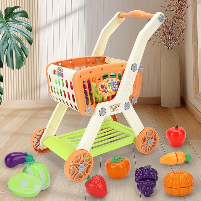 Shopping Cart with Cutting Play Food Set for Kids Kitchen, 2 in 1 Shopping Cart for Kids Grocery Store Pretend Play Kitchen Accessories Sorting Food Bucket Learning Toys Gift for Toddler 3-5