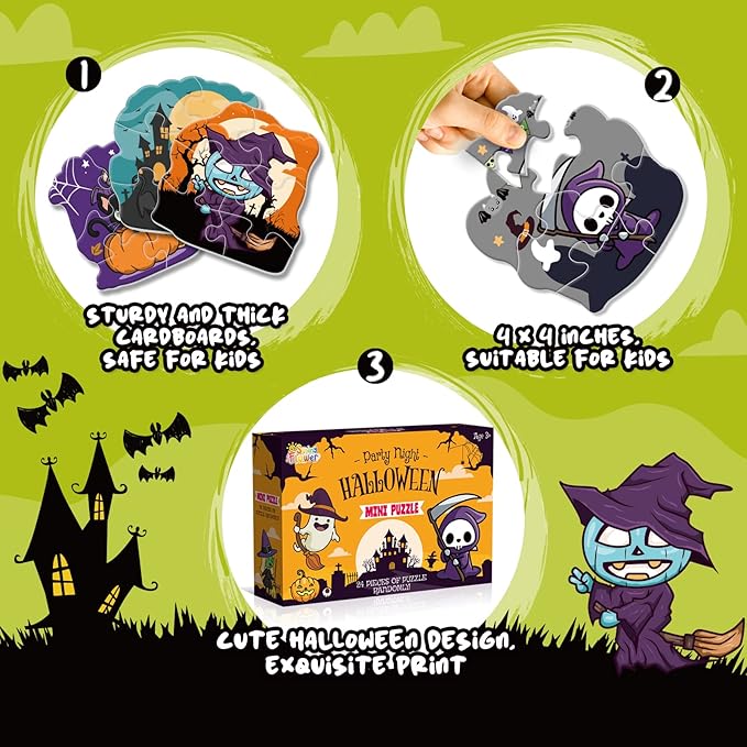 Halloween Party Favor for Kids - 24 Pack Jigsaw Puzzles in Theme Designs for Trick or Treating, Goodie Bag Filler, Miniatures Novelty Toy, School Classroom Rewards