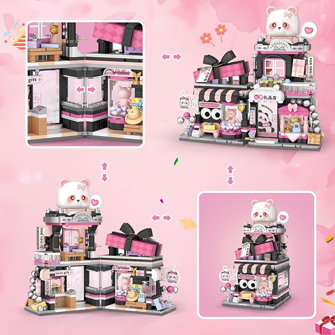 Street View Gift Shop Mini Building Blocks, MOC Creative Building Toys Cute Panda Animals Building Set for Girls 6-12, Simulation Architecture Construction Toy, Gift Idea for Kids Adults (938 PCS)