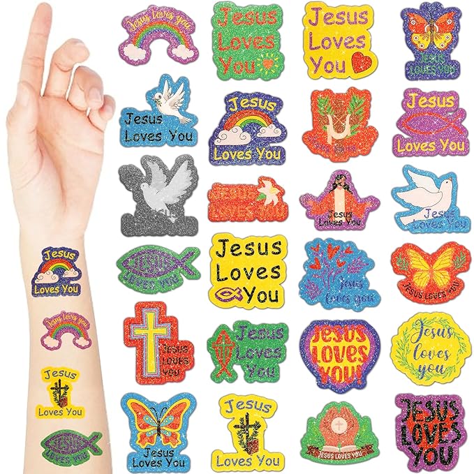 Landhoow 240 Pcs Jesus Loves You Tattoos Temporary for Kids Glitter Face Tattoos Cool Body Sticker Costume Accessory for Adults Boys Girls Party Favor