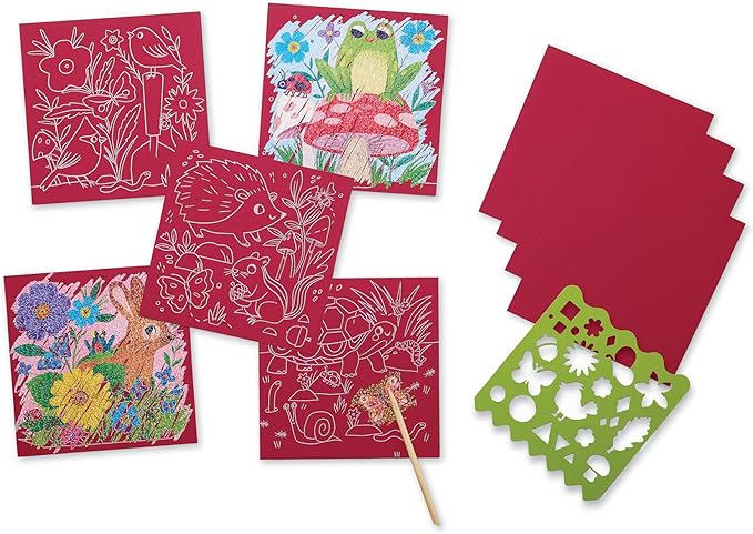 Crocodile Creek Garden Sparkle Scratch Art for Kids - 16-Sheet Scratch Art Set with 10 Themed Sheets, 5 Blank Sheets, Stencil, and Stylus - Thoughtful Stocking Stuffers, Gifts, Art Supplies for Kids
